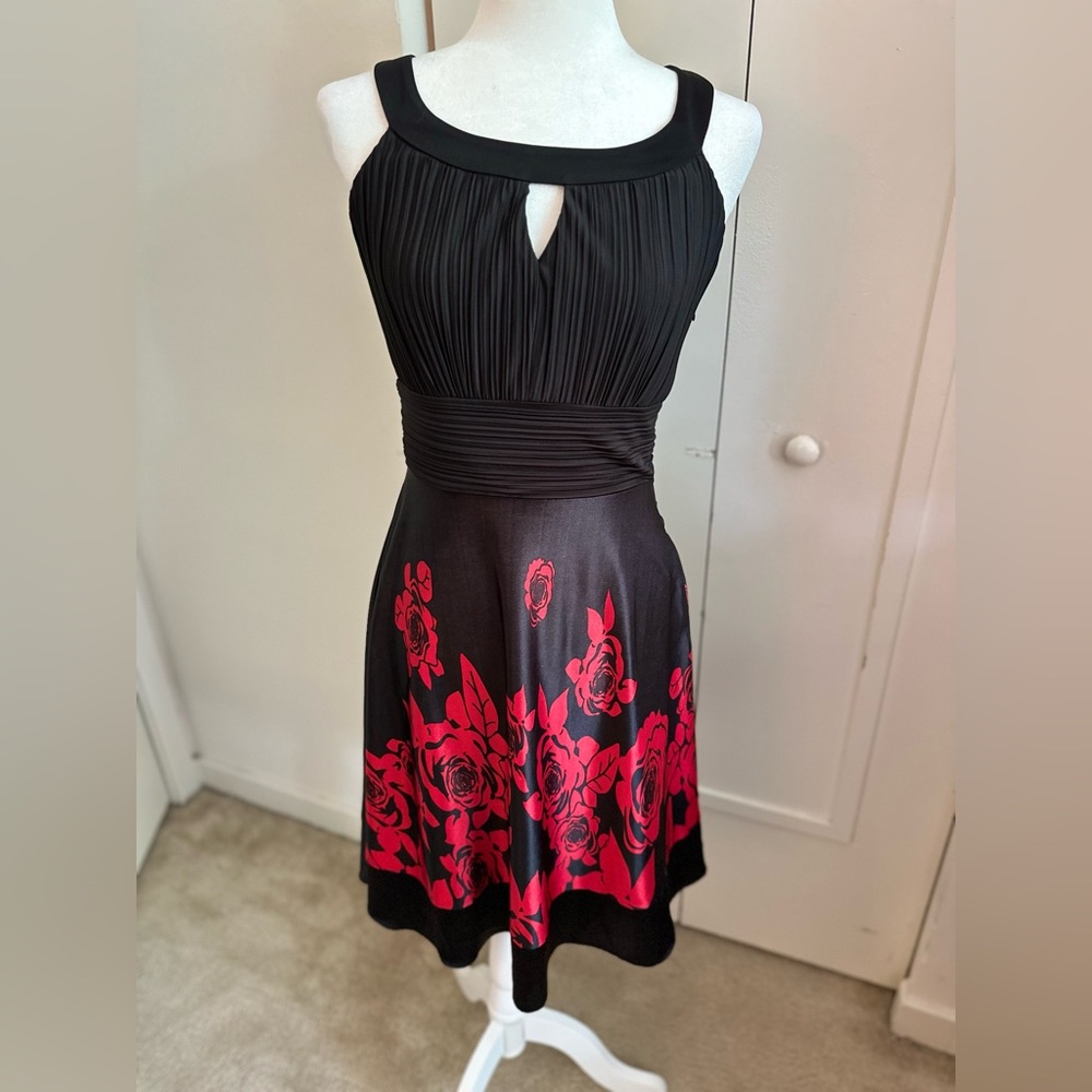 Venus black silky dress and red floral pattern on the bottom - size: 4